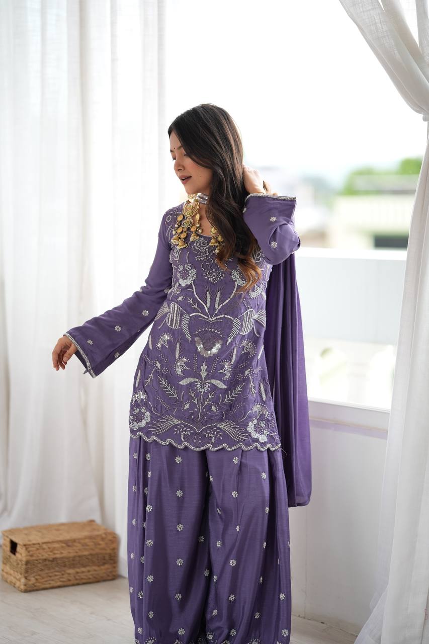 Lavender Chinon Silk Cut Dana Work Palazzo Set for Women