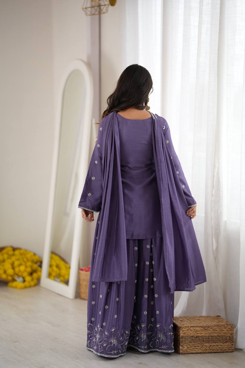 Lavender Chinon Silk Cut Dana Work Palazzo Set for Women