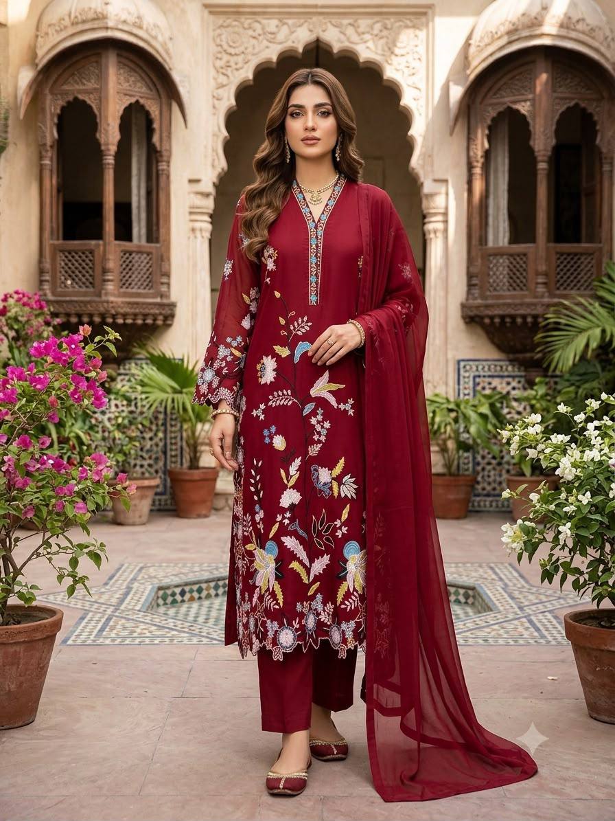 Maroon Glass Roman Embroidered Straight Suit Set with Dupatta