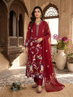 Maroon Glass Roman Embroidered Straight Suit Set with Dupatta