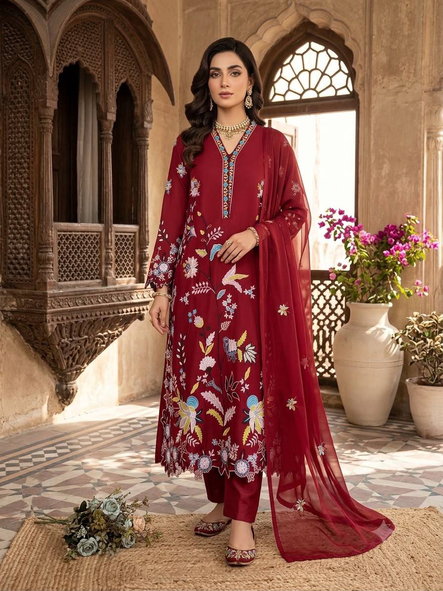 Maroon Glass Roman Embroidered Straight Suit Set with Dupatta