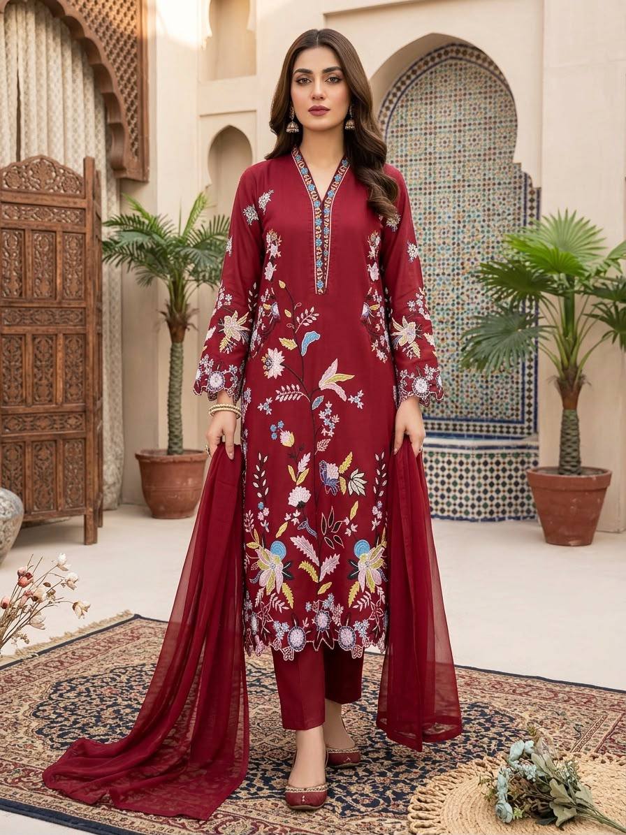Maroon Glass Roman Embroidered Straight Suit Set with Dupatta