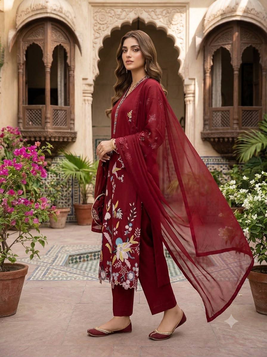 Maroon Glass Roman Embroidered Straight Suit Set with Dupatta