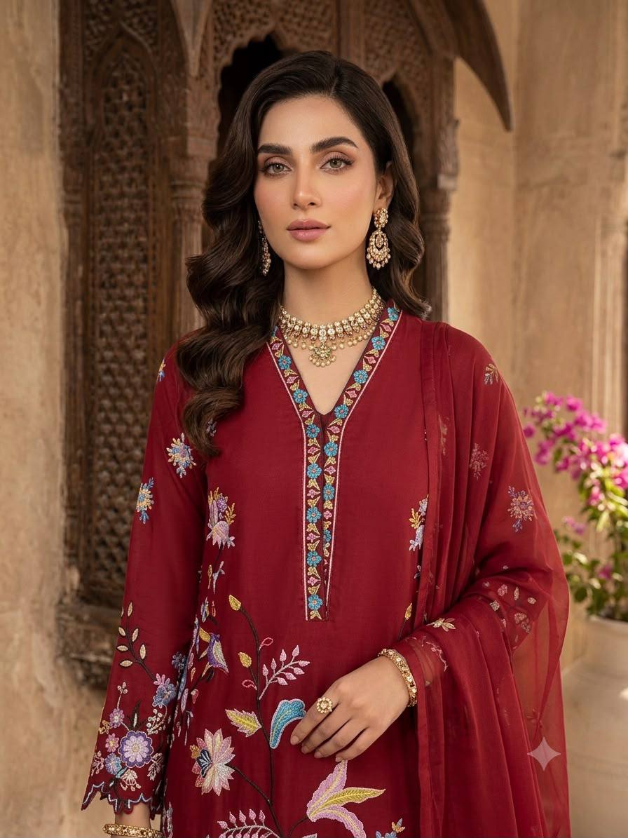 Maroon Glass Roman Embroidered Straight Suit Set with Dupatta