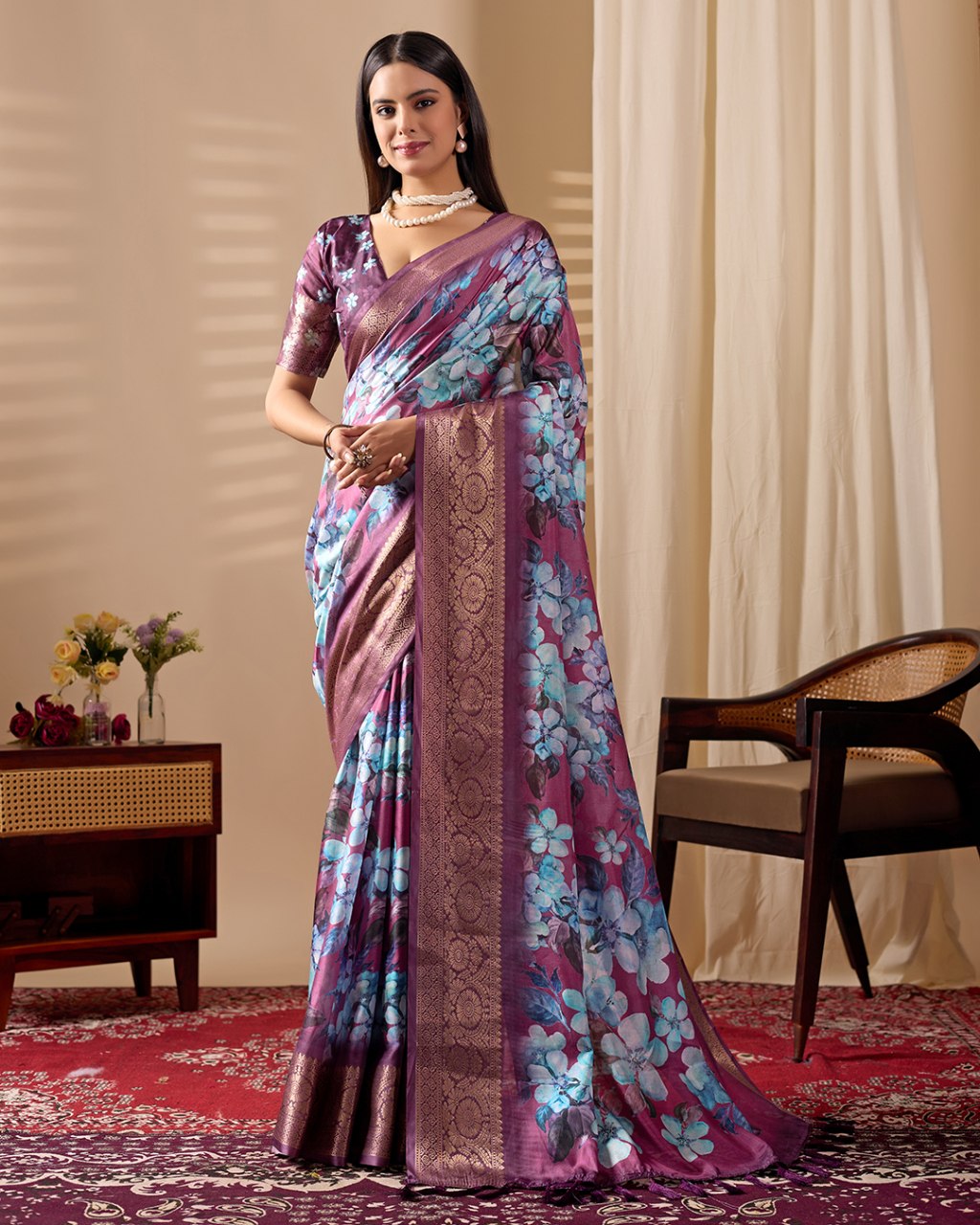 Magenta Lichi Silk Floral Print Zari Border Saree for Women