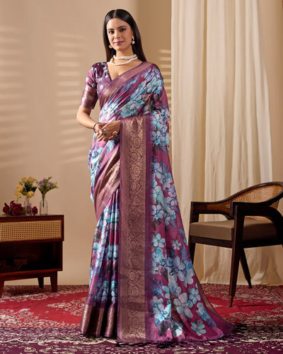 Magenta Lichi Silk Floral Print Zari Border Saree for Women