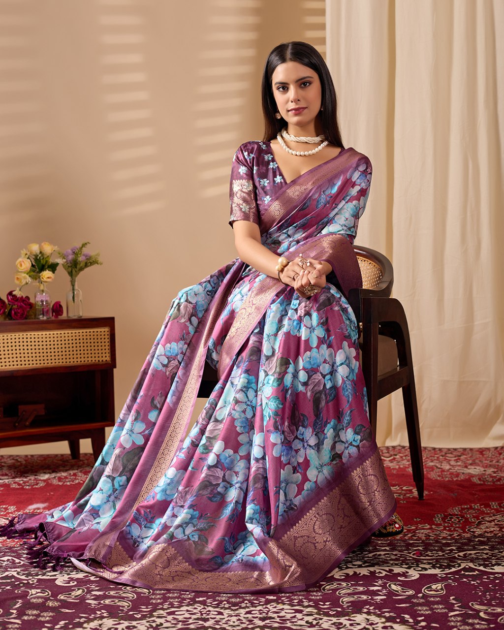 Magenta Lichi Silk Floral Print Zari Border Saree for Women
