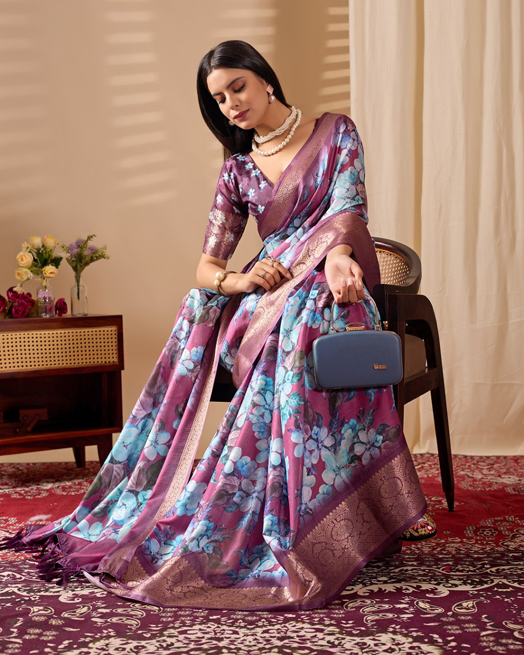 Magenta Lichi Silk Floral Print Zari Border Saree for Women