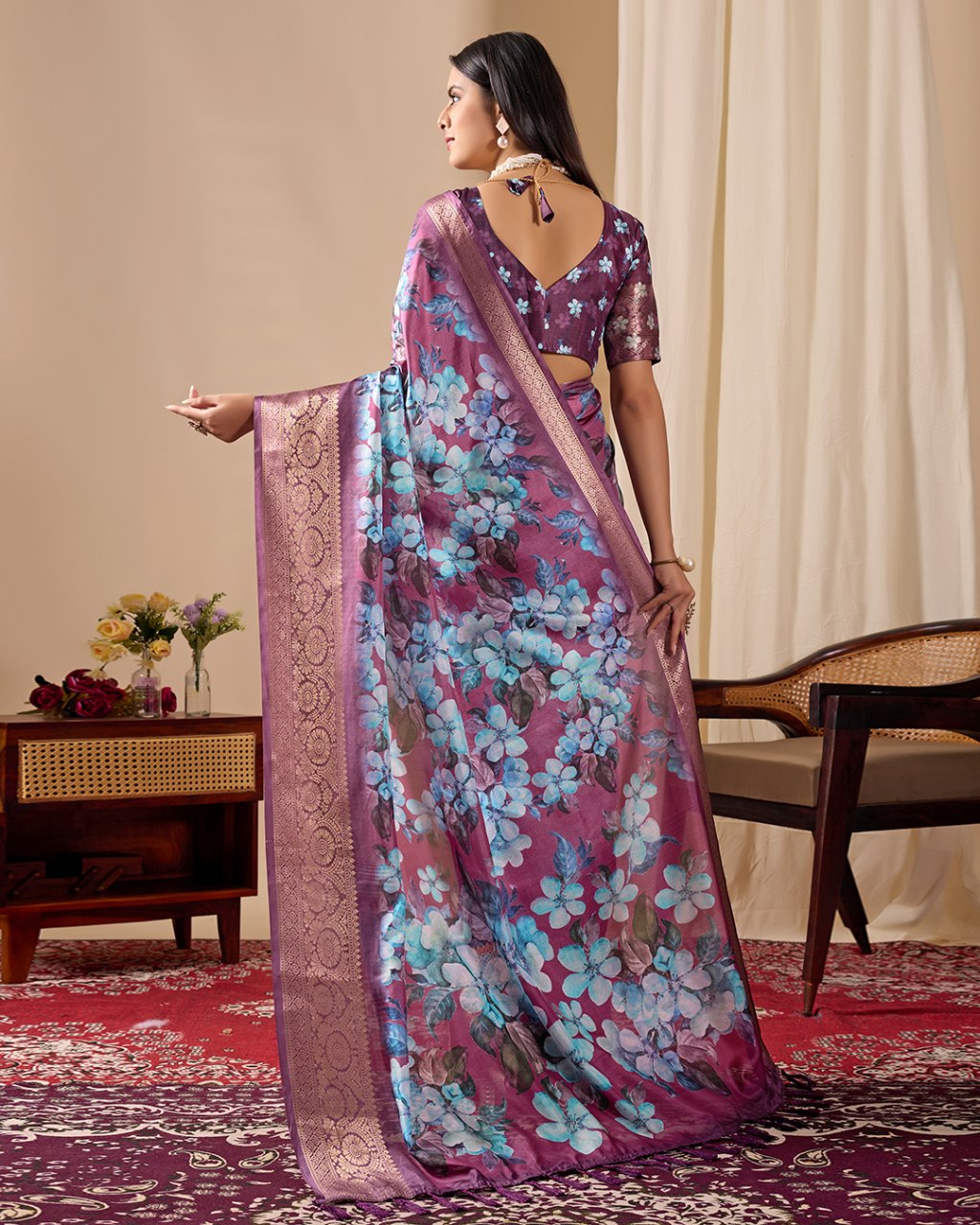 Magenta Lichi Silk Floral Print Zari Border Saree for Women