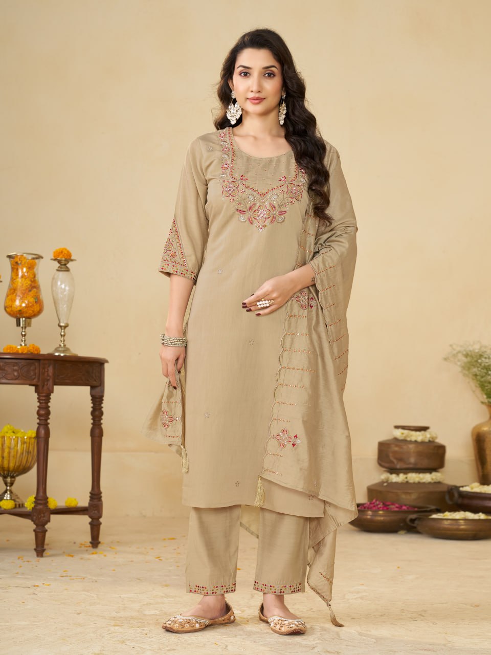 Beige Marina Silk Embroidered Kurti Pant Set for Women