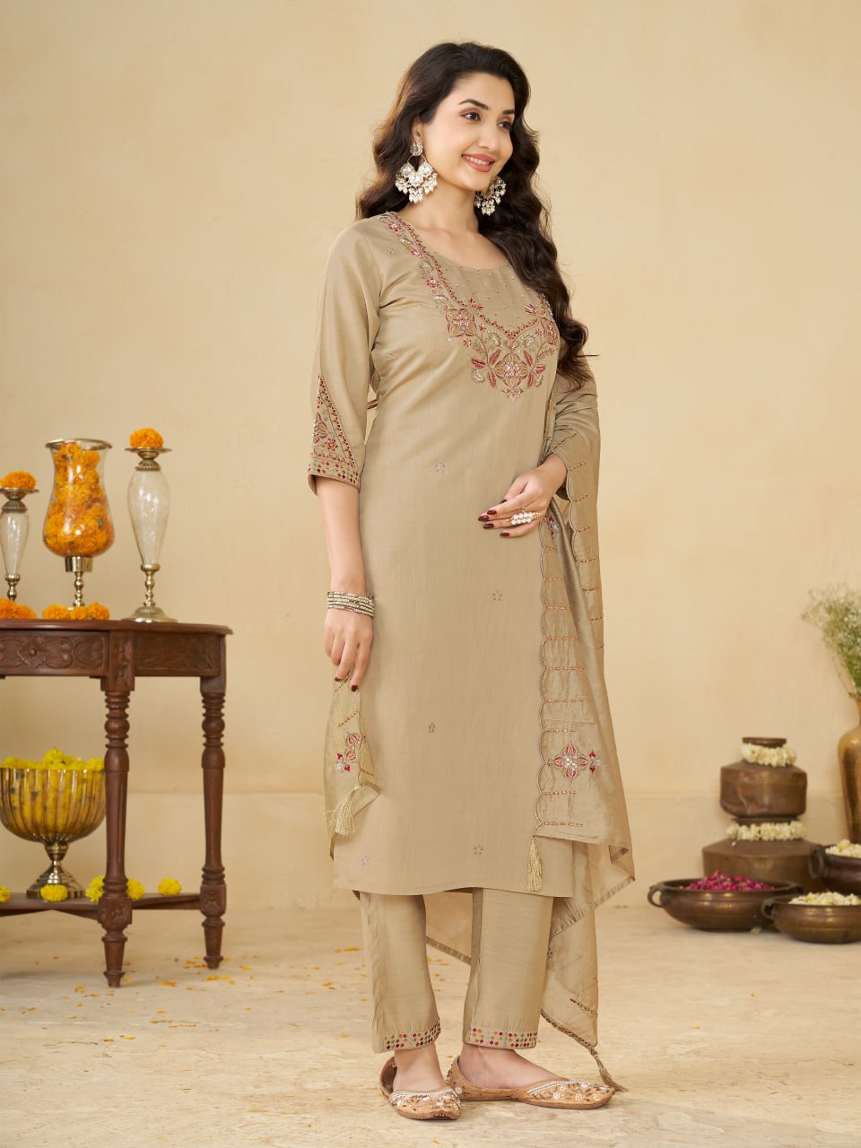 Beige Marina Silk Embroidered Kurti Pant Set for Women