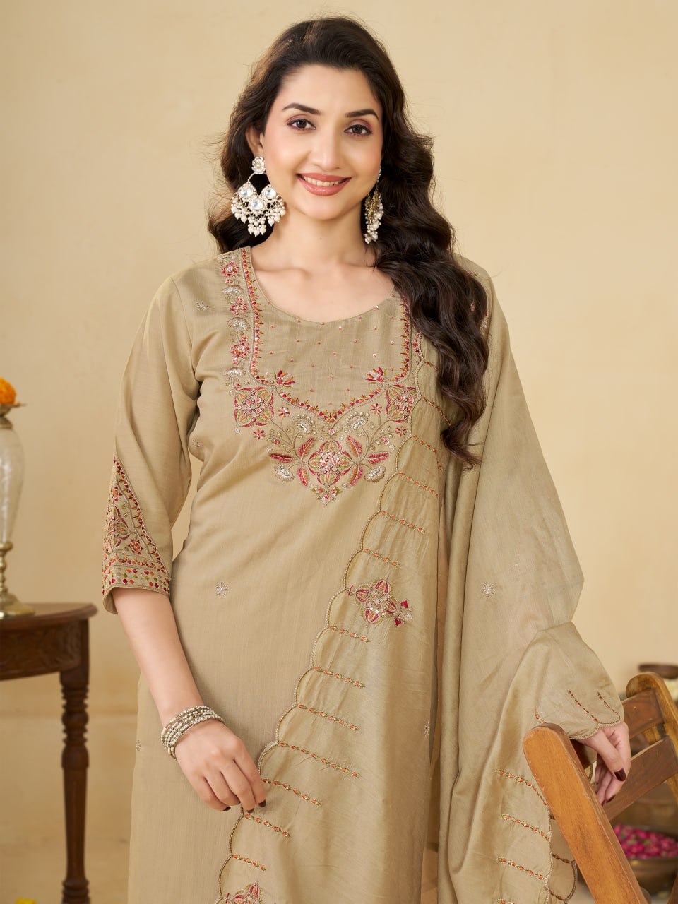 Beige Marina Silk Embroidered Kurti Pant Set for Women