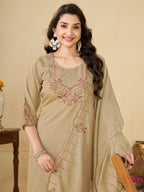 Beige Marina Silk Embroidered Kurti Pant Set for Women