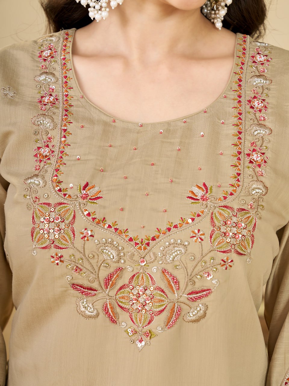 Beige Marina Silk Embroidered Kurti Pant Set for Women