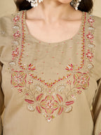 Beige Marina Silk Embroidered Kurti Pant Set for Women