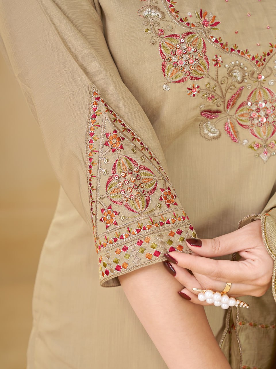 Beige Marina Silk Embroidered Kurti Pant Set for Women