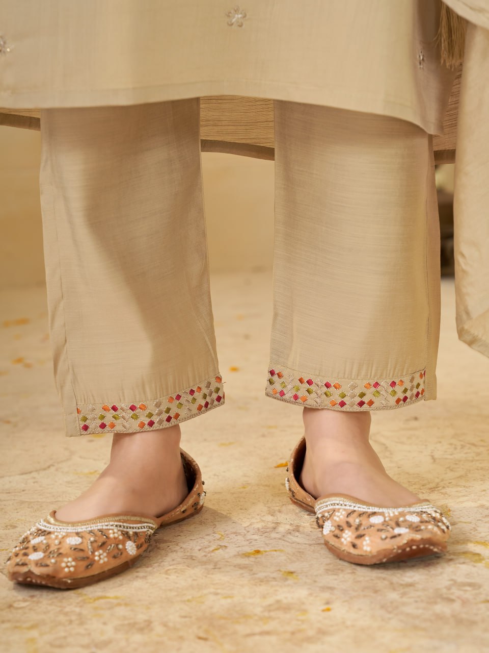 Beige Marina Silk Embroidered Kurti Pant Set for Women