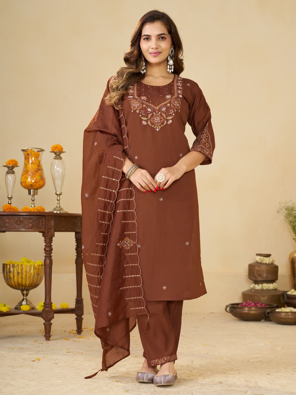 Brown Marina Silk Embroidered Kurti Pant Set for Women