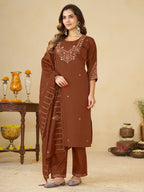 Brown Marina Silk Embroidered Kurti Pant Set for Women