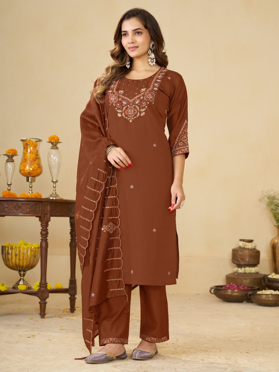 Brown Marina Silk Embroidered Kurti Pant Set for Women