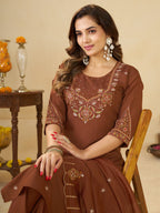 Brown Marina Silk Embroidered Kurti Pant Set for Women