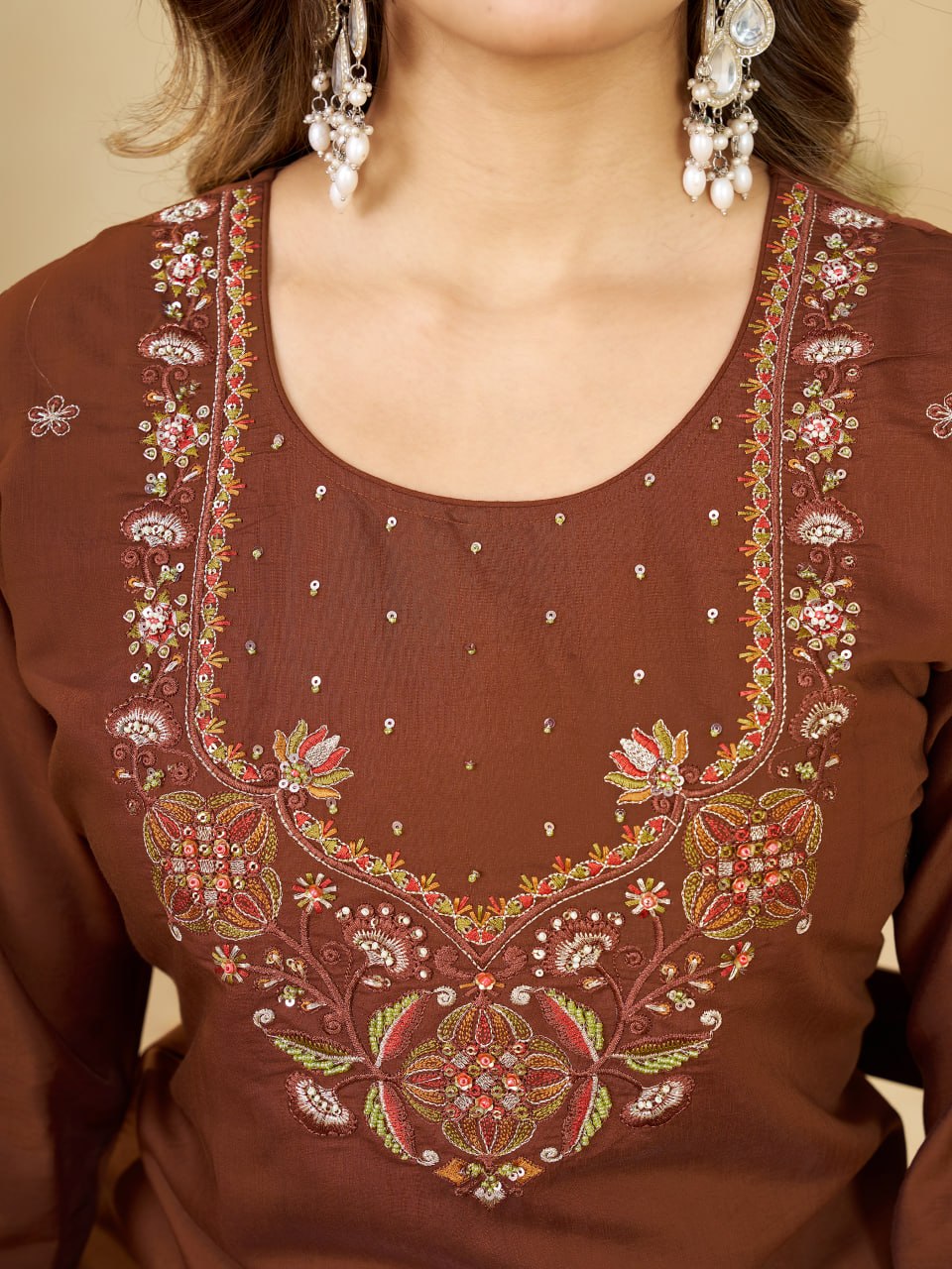 Brown Marina Silk Embroidered Kurti Pant Set for Women