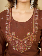 Brown Marina Silk Embroidered Kurti Pant Set for Women