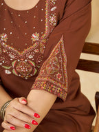 Brown Marina Silk Embroidered Kurti Pant Set for Women