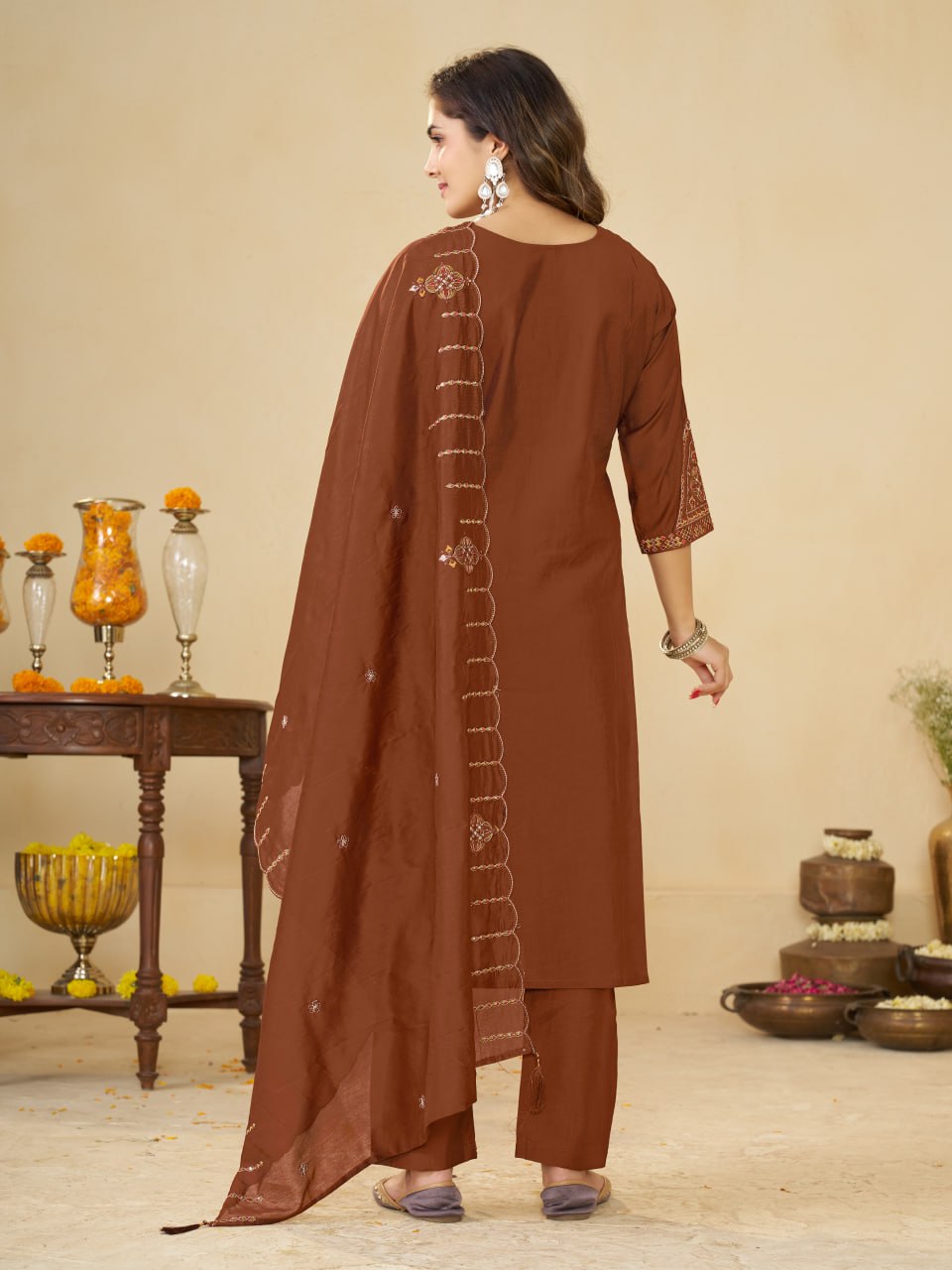 Brown Marina Silk Embroidered Kurti Pant Set for Women