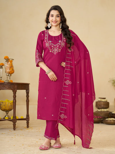 Rani Pink Marina Silk Embroidered Kurti Pant Set for Women