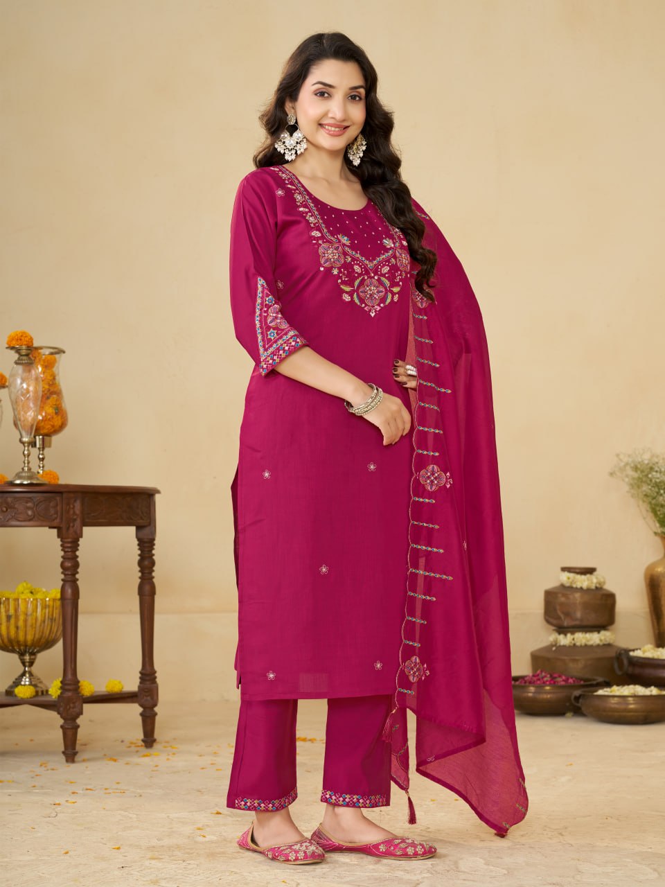 Rani Pink Marina Silk Embroidered Kurti Pant Set for Women