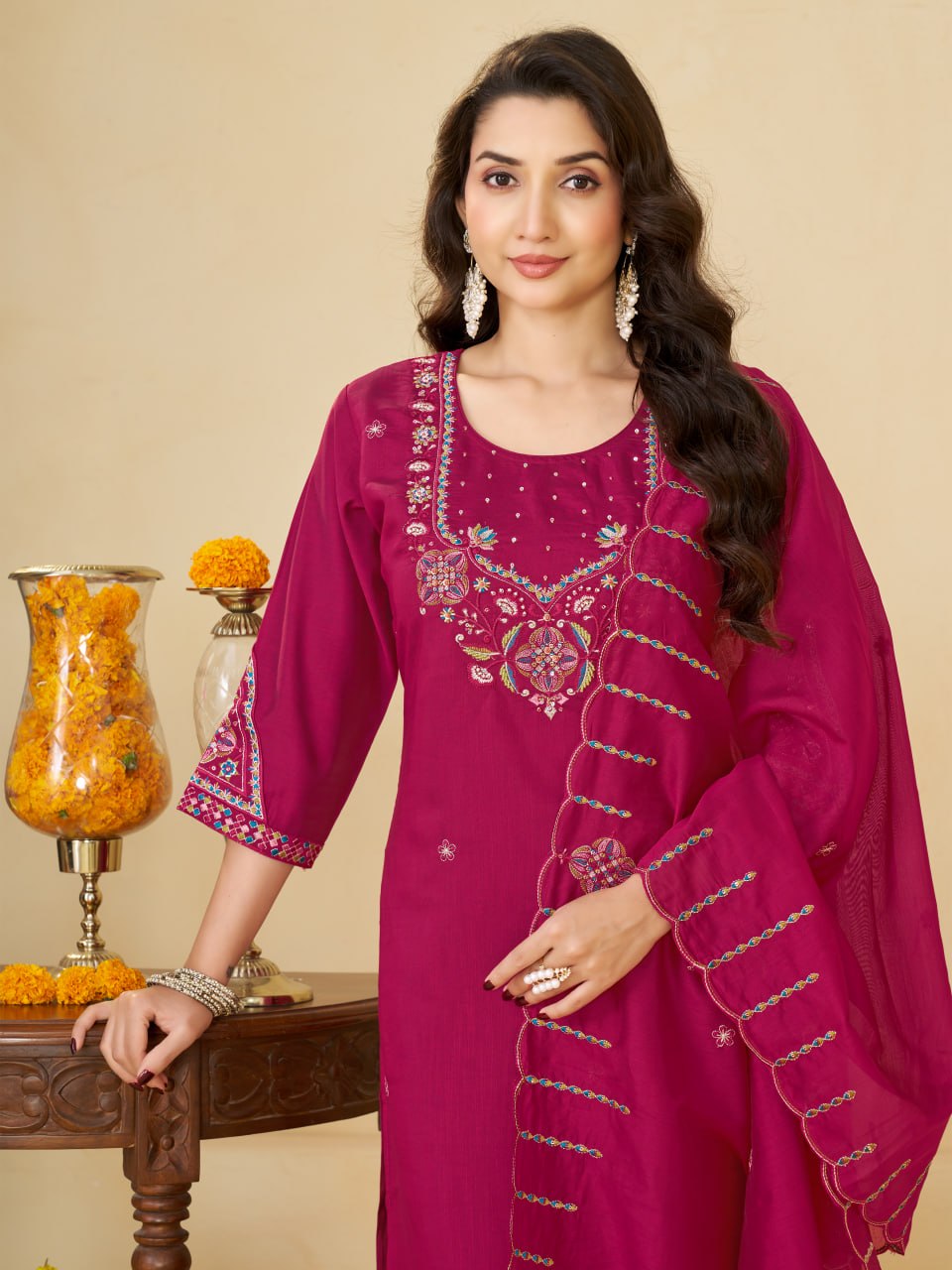 Rani Pink Marina Silk Embroidered Kurti Pant Set for Women