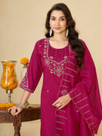 Rani Pink Marina Silk Embroidered Kurti Pant Set for Women