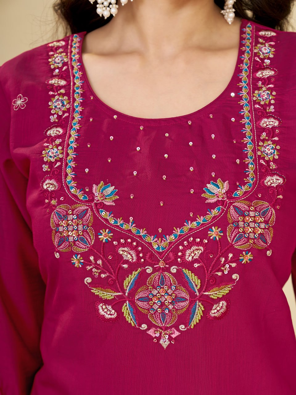 Rani Pink Marina Silk Embroidered Kurti Pant Set for Women
