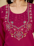 Rani Pink Marina Silk Embroidered Kurti Pant Set for Women