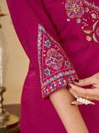 Rani Pink Marina Silk Embroidered Kurti Pant Set for Women