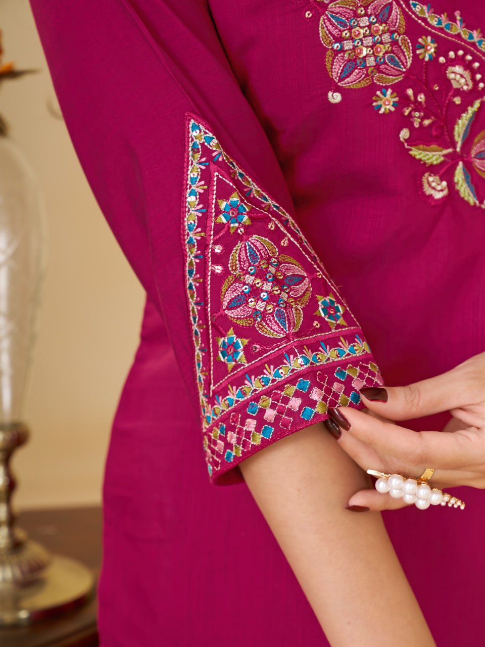 Rani Pink Marina Silk Embroidered Kurti Pant Set for Women
