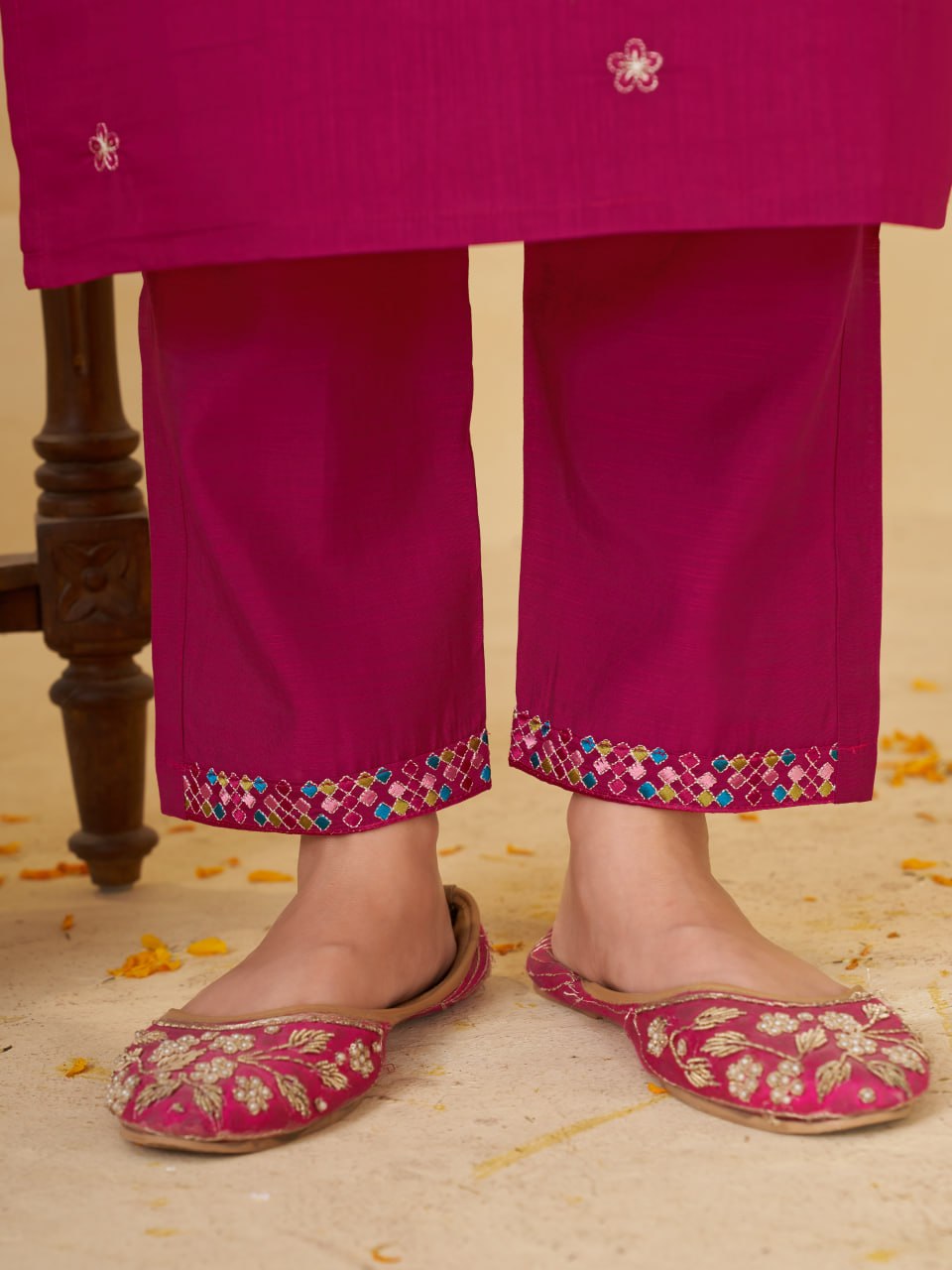 Rani Pink Marina Silk Embroidered Kurti Pant Set for Women
