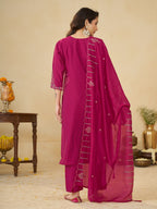 Rani Pink Marina Silk Embroidered Kurti Pant Set for Women