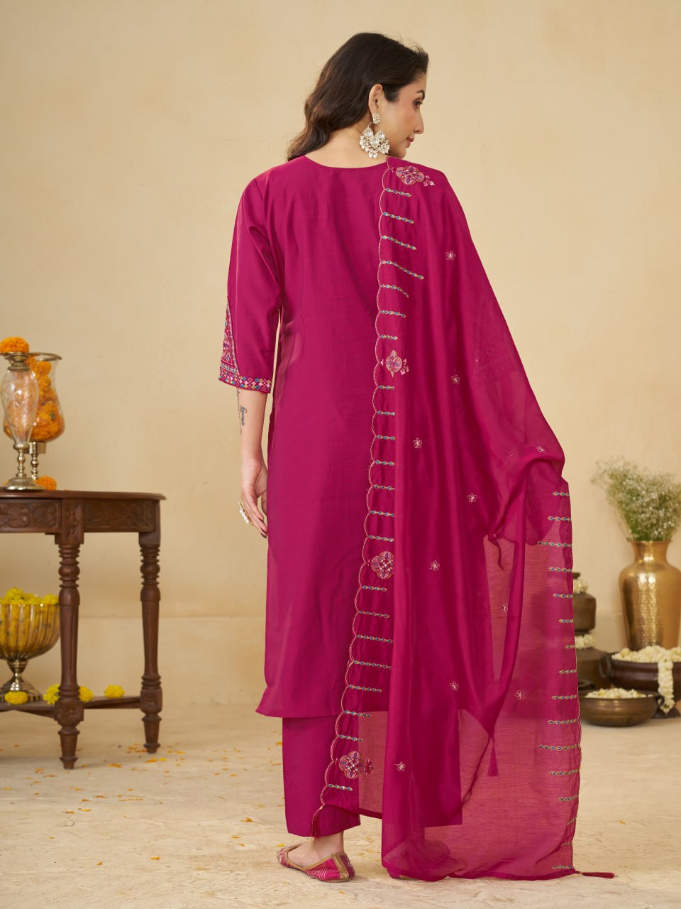 Rani Pink Marina Silk Embroidered Kurti Pant Set for Women