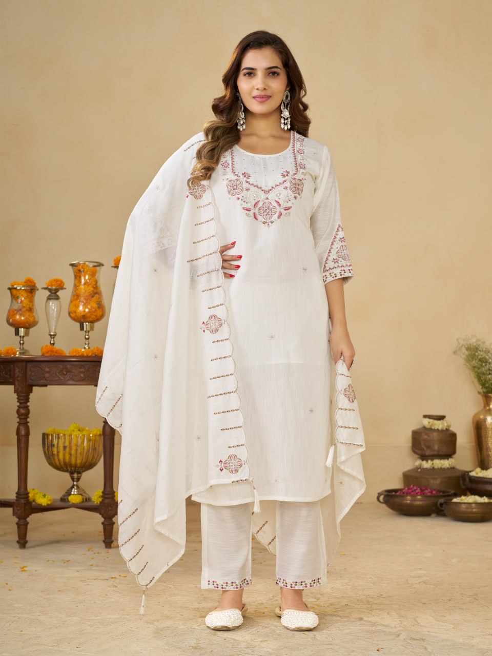 Off White Marina Silk Embroidered Kurti Pant Set for Women