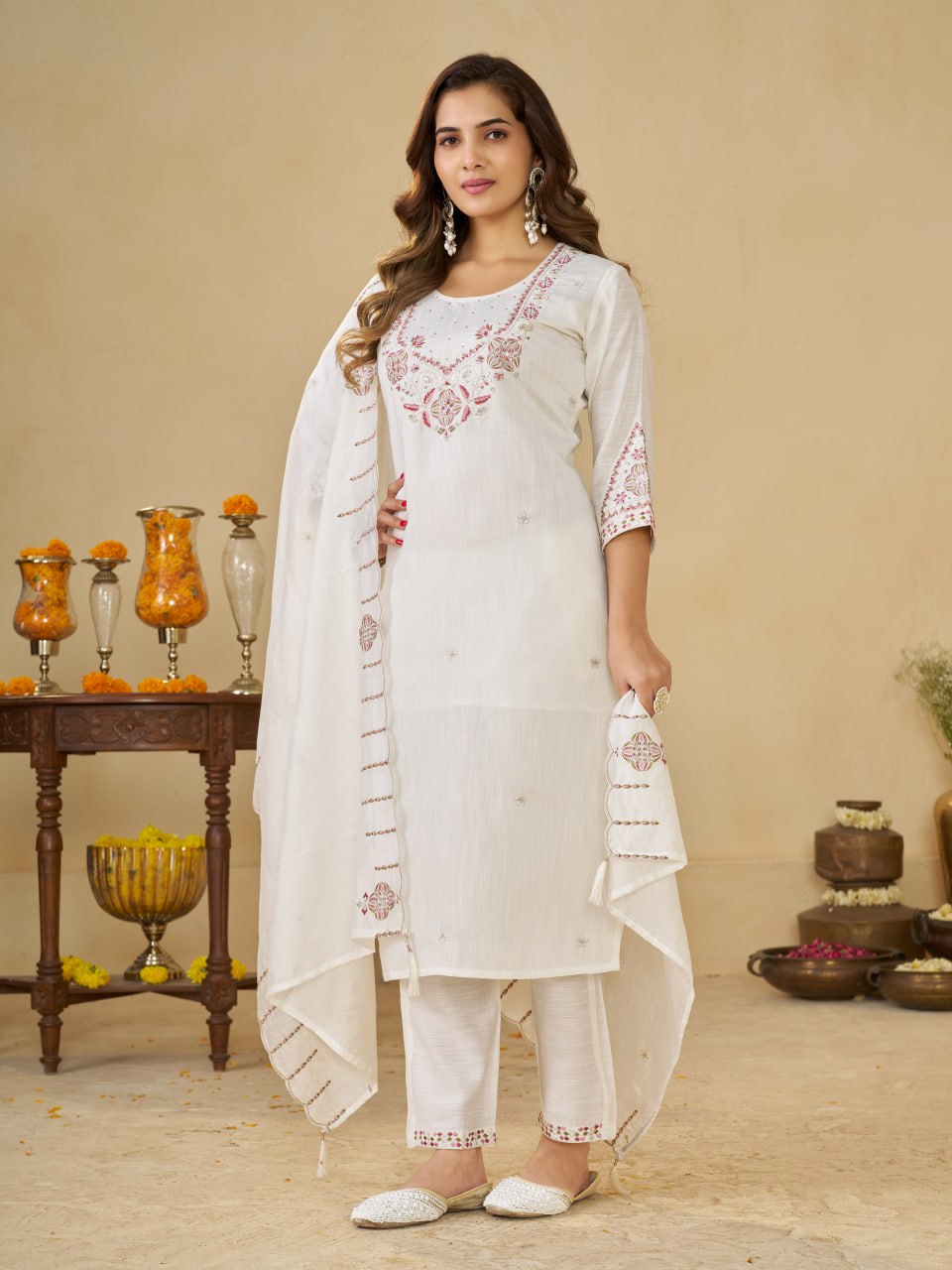 Off White Marina Silk Embroidered Kurti Pant Set for Women