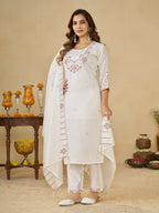 Off White Marina Silk Embroidered Kurti Pant Set for Women