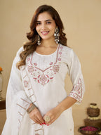Off White Marina Silk Embroidered Kurti Pant Set for Women