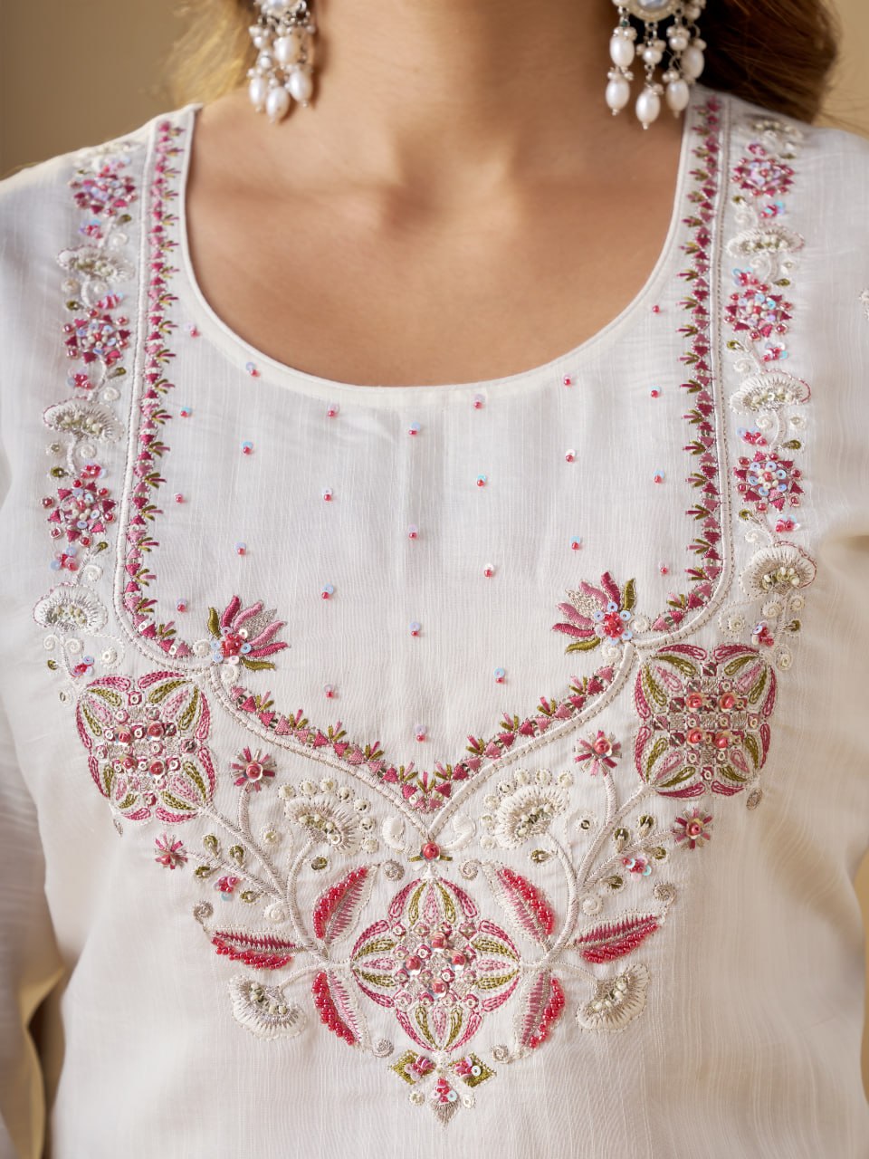Off White Marina Silk Embroidered Kurti Pant Set for Women
