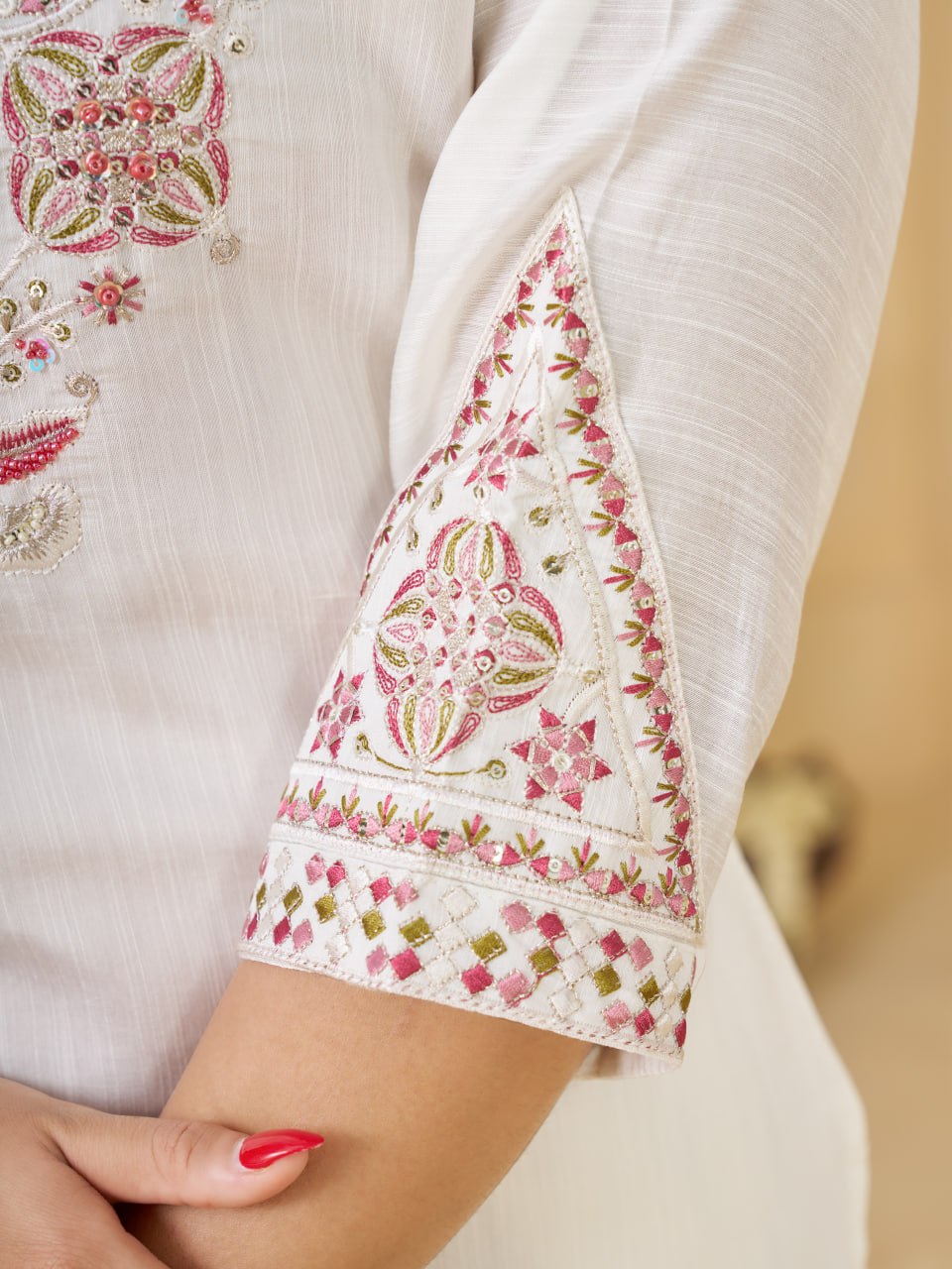 Off White Marina Silk Embroidered Kurti Pant Set for Women