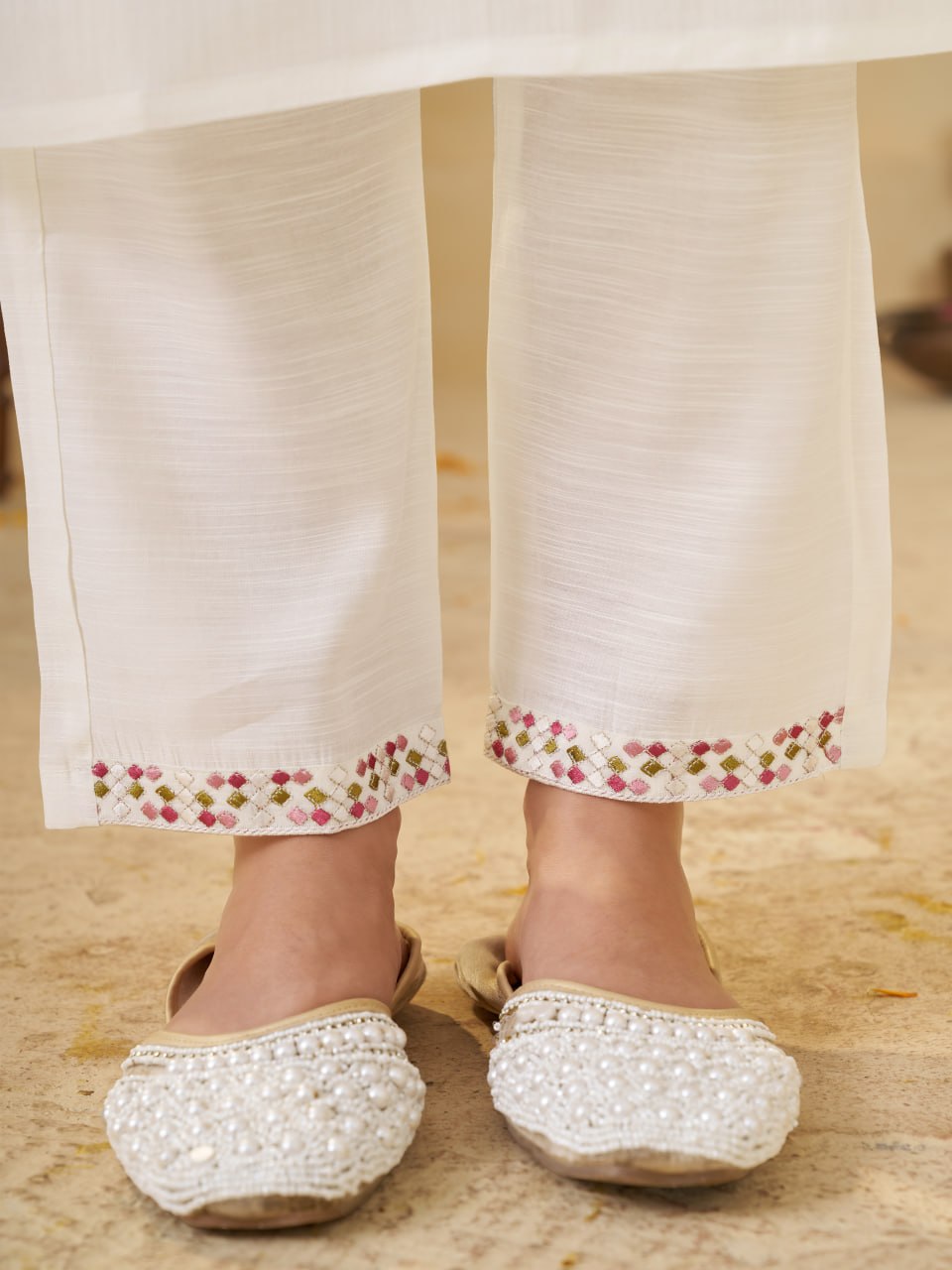 Off White Marina Silk Embroidered Kurti Pant Set for Women