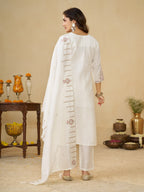 Off White Marina Silk Embroidered Kurti Pant Set for Women