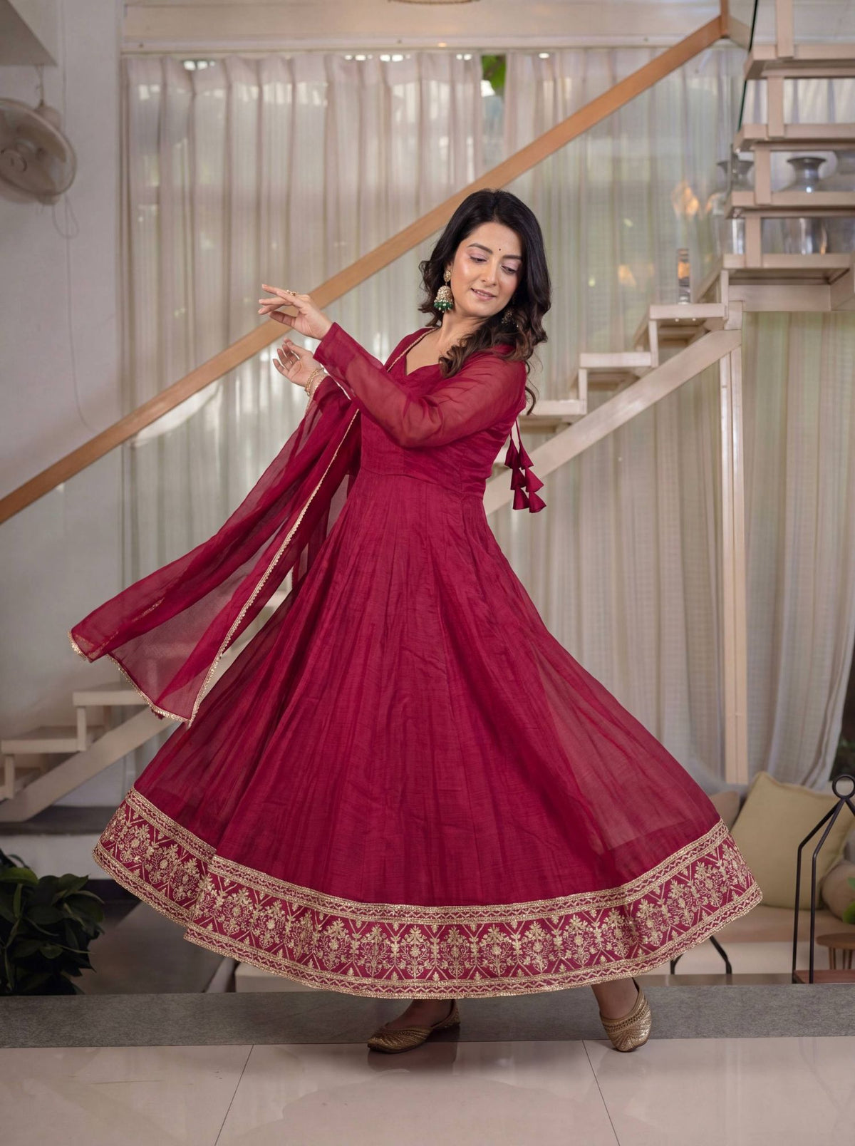 Maroon Crunchy Silk Sequins Embroidered Anarkali Suit