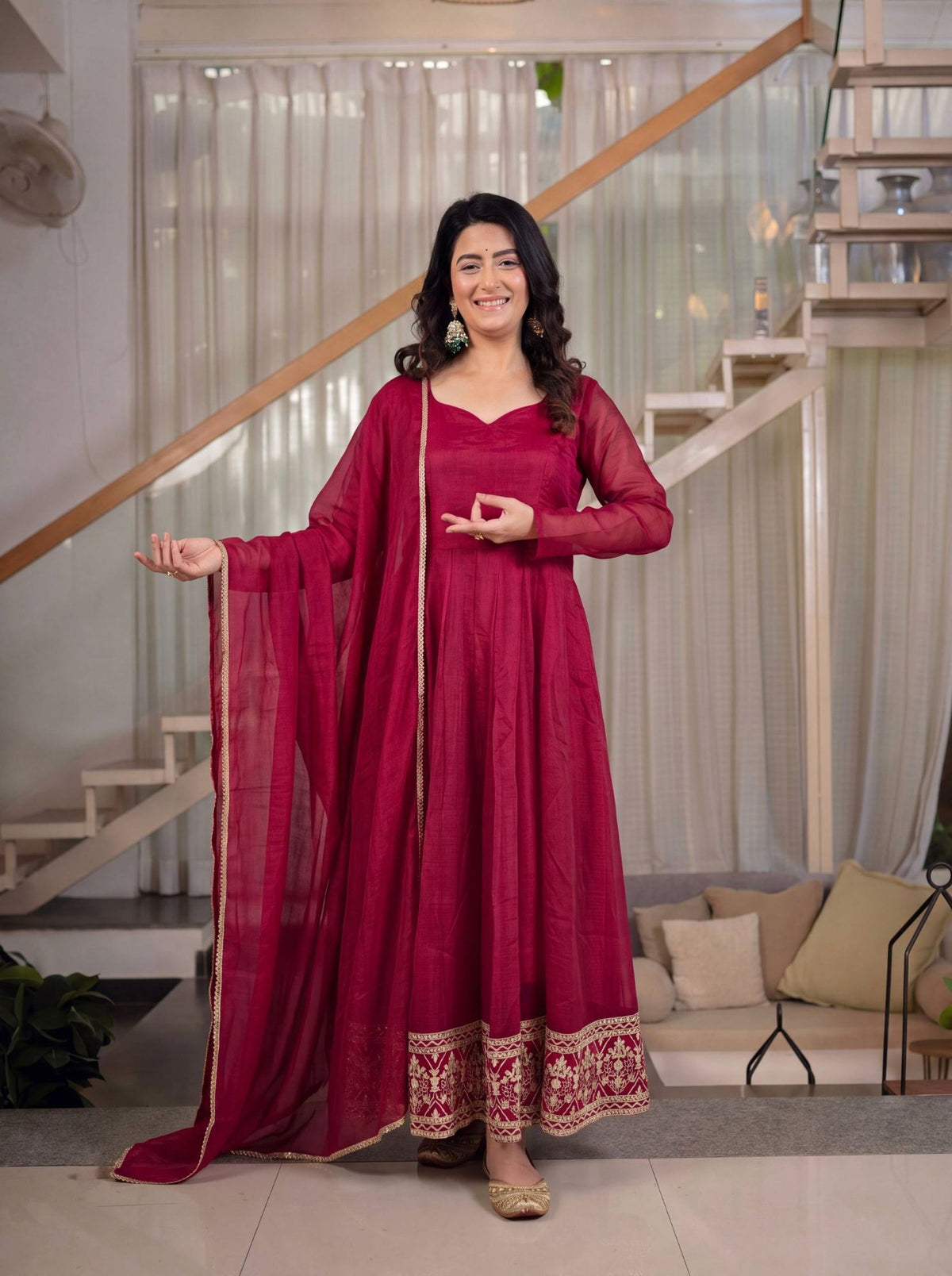 Maroon Anarkali - front view with dupatta